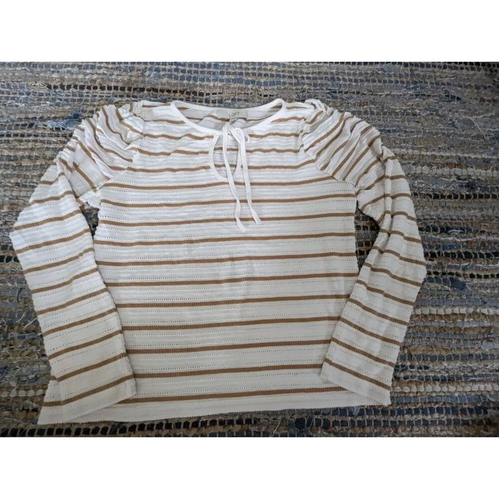 Striped Jacquard Tie Keyhole Ruched Sleeve Top Whisper White Golden Brown Quiet